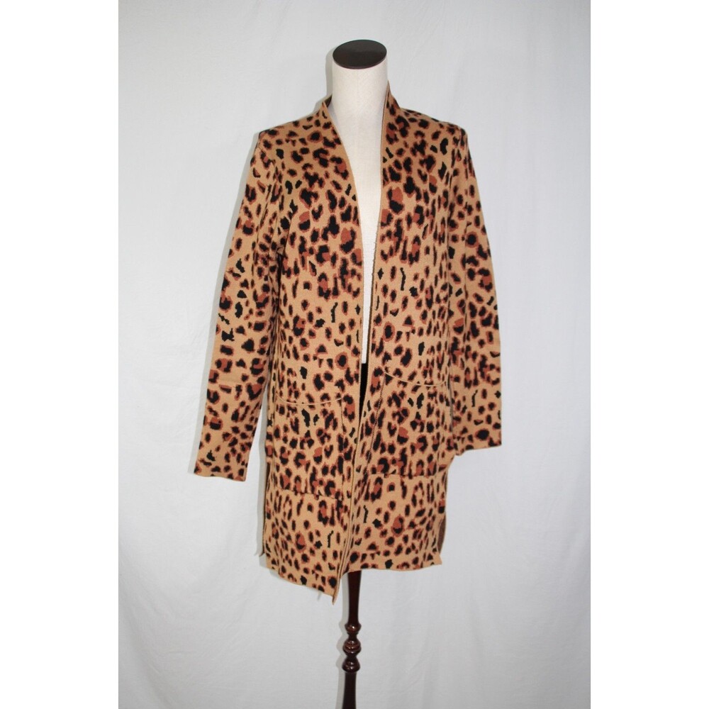 RACHEL ZOE Tan Black Leopard Print Open Cardigan Sweater Medium Long Sleeves